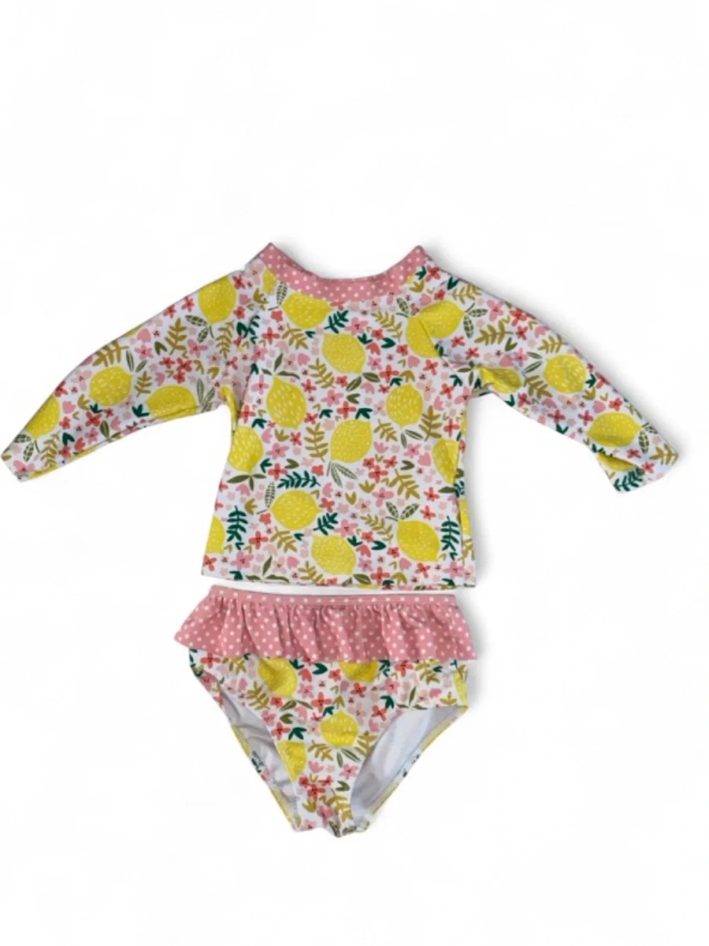 Kids Pink Lemon Print Rash Guard Swimsuit Set